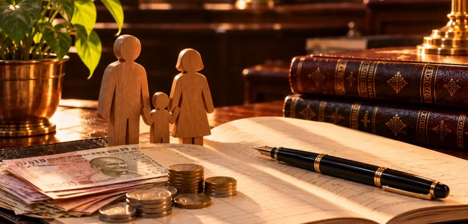An open household account ledger with Indian rupee notes and coins, small wooden family figures and a fountain pen