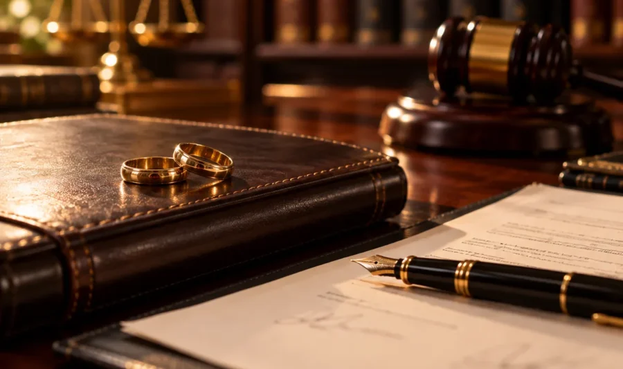 Two gold wedding rings on a closed legal file beside a fountain pen and a signed document