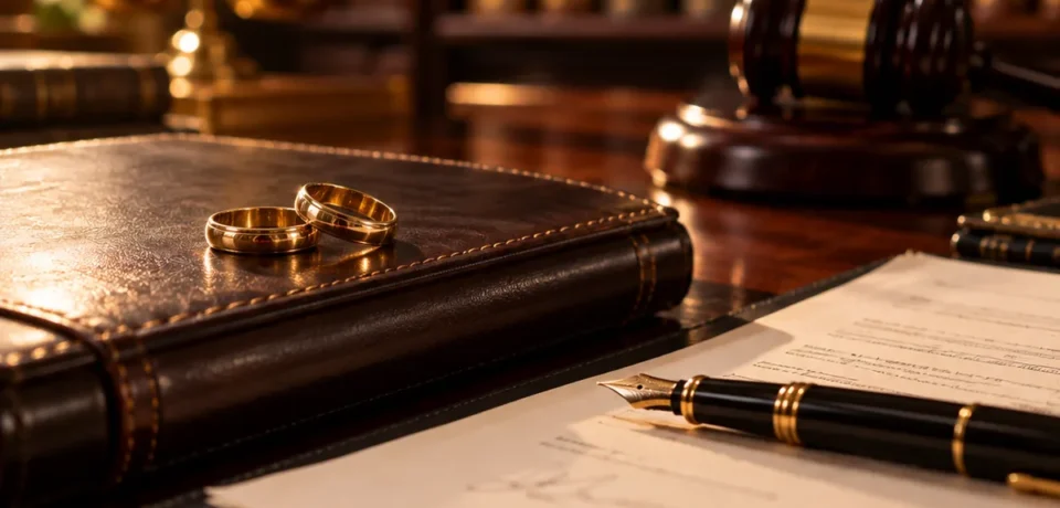 Mutual consent divorce in Kerala Two gold wedding rings on a closed legal file beside a fountain pen and a signed document