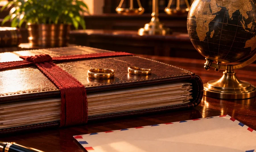 Two gold wedding rings resting apart on a closed legal file beside a small desk globe and a plain airmail envelope