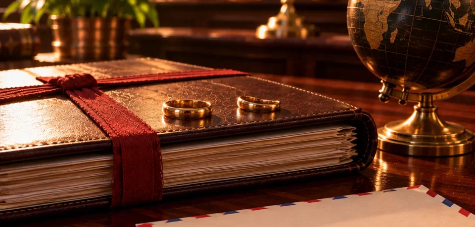 NRI divorce in Kerala Two gold wedding rings resting apart on a closed legal file beside a small desk globe and a plain airmail envelope