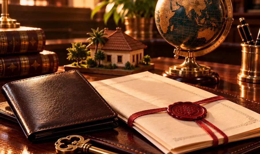 NRI power of attorney for Kerala property A plain leather travel document wallet, a power of attorney with a red wax seal, an old brass house key and a small desk globe