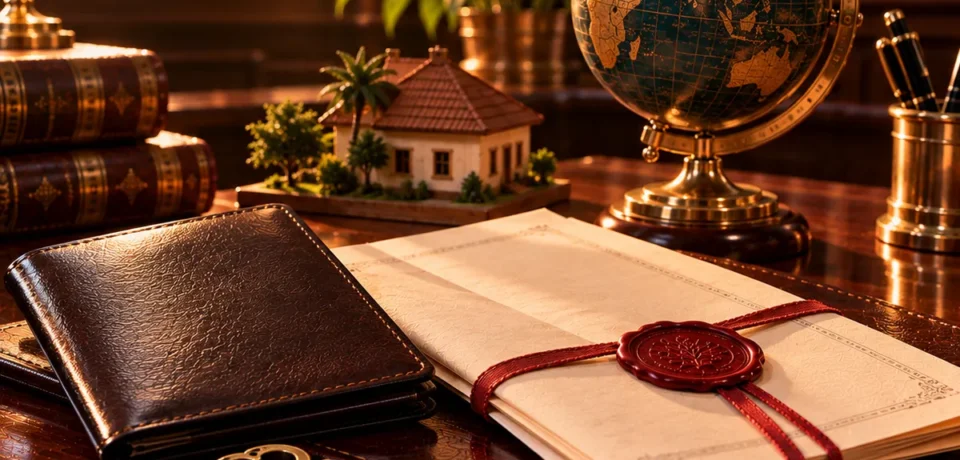 A plain leather travel document wallet, a power of attorney with a red wax seal, an old brass house key and a small desk globe