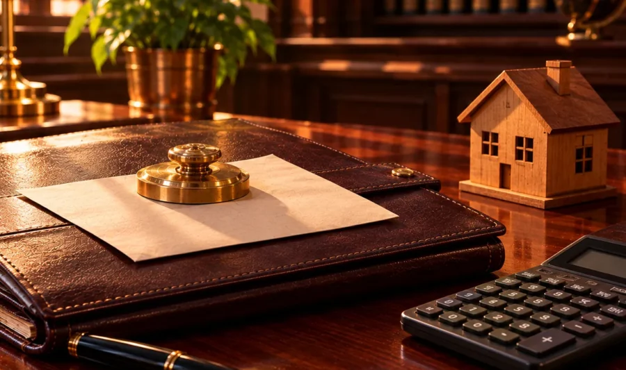 A closed loan file with a settlement letter under a brass paperweight, a calculator, a fountain pen and a small wooden house model