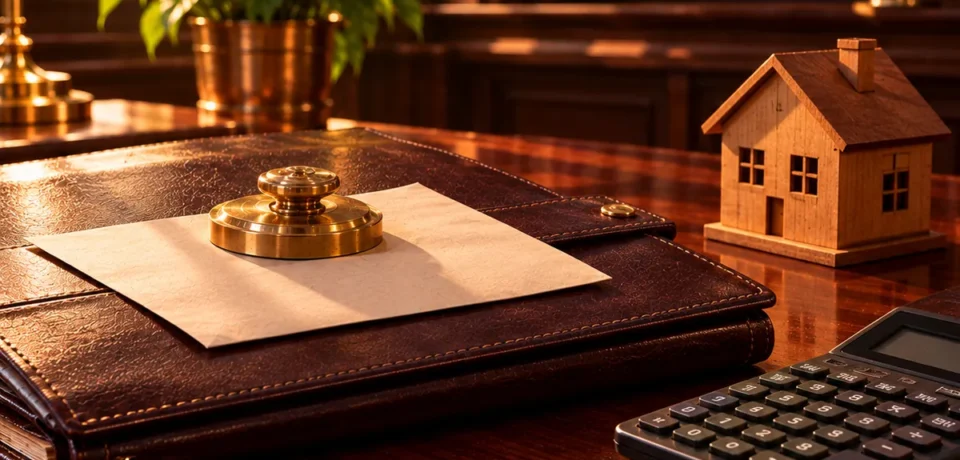 A closed loan file with a settlement letter under a brass paperweight, a calculator, a fountain pen and a small wooden house model