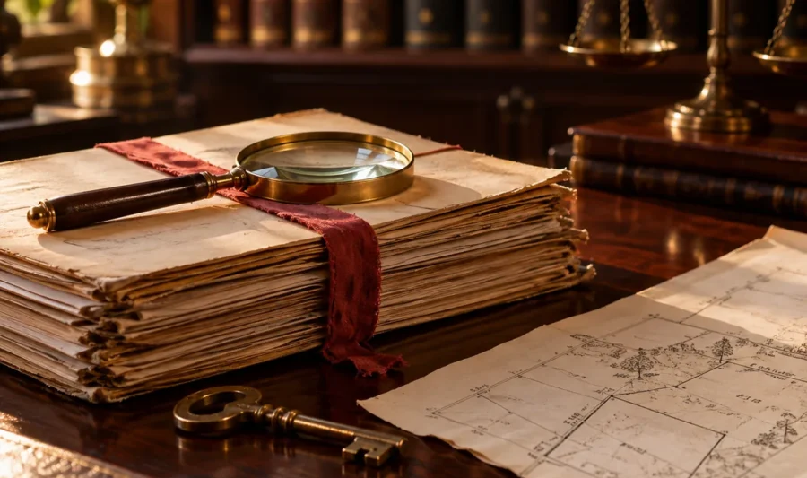 Property title verification in Kerala Aged property deeds tied with red tape under a brass magnifying glass, with an old house key and a survey sketch