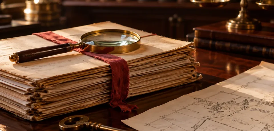 Property title verification in Kerala Aged property deeds tied with red tape under a brass magnifying glass, with an old house key and a survey sketch