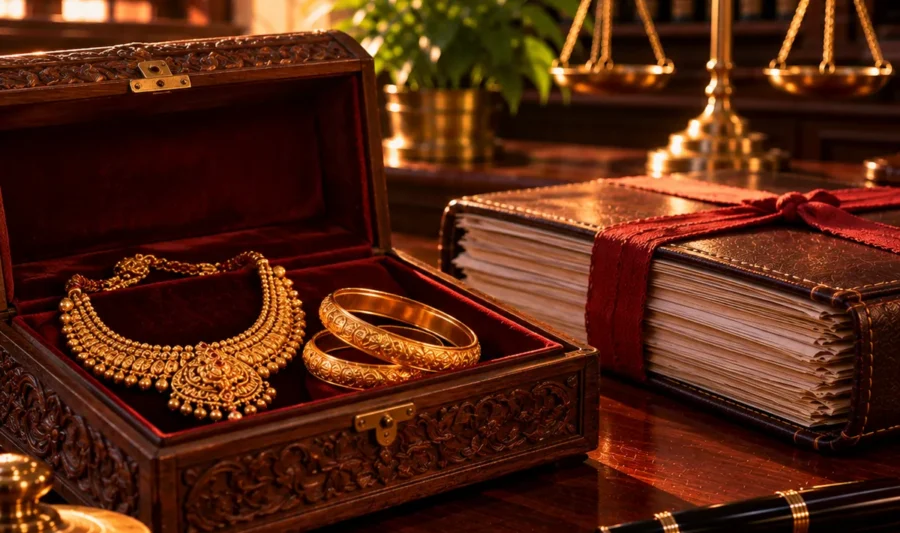 Traditional South Indian gold jewellery in an open carved wooden box beside a family court file and brass scales