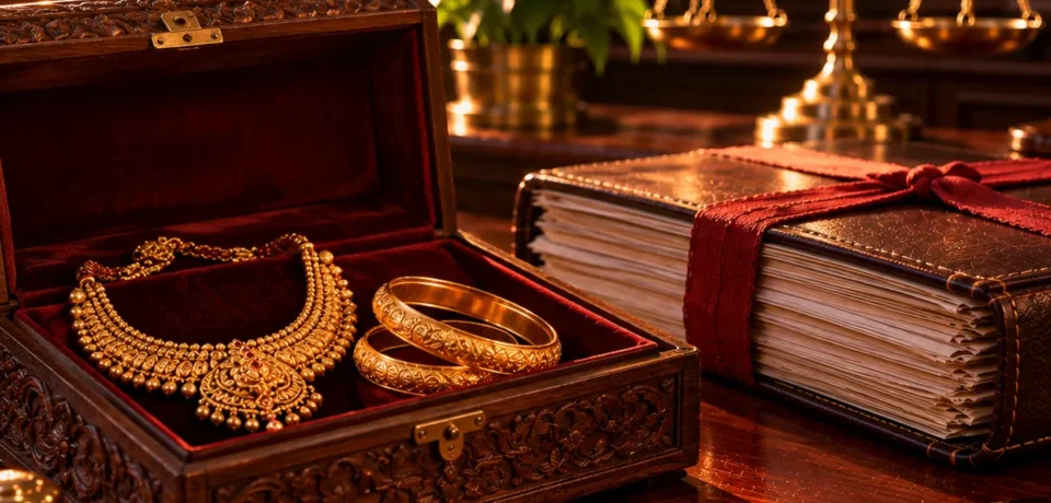 Return of gold after divorce in Kerala Traditional South Indian gold jewellery in an open carved wooden box beside a family court file and brass scales