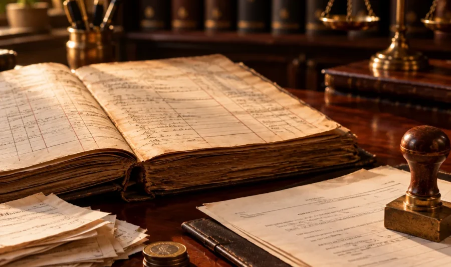 An open revenue ledger and a demand notice with a brass rubber stamp, receipts and rupee coins