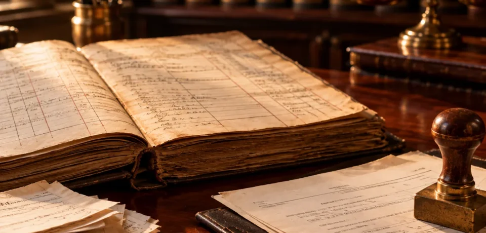 An open revenue ledger and a demand notice with a brass rubber stamp, receipts and rupee coins