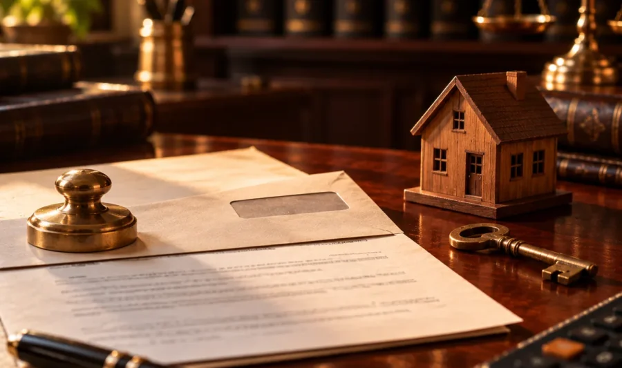 SARFAESI notice from a bank in Kerala A formal notice and envelope under a brass paperweight beside a small wooden house model, a house key and a calculator