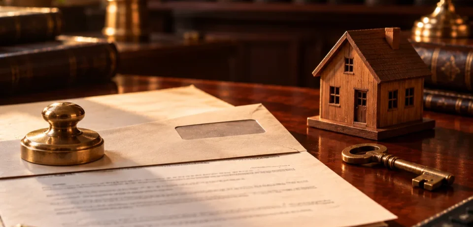 A formal notice and envelope under a brass paperweight beside a small wooden house model, a house key and a calculator