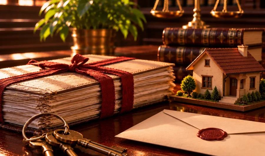 A lease deed tied with ribbon, a brass ring of old keys, a small wooden house model and a sealed notice envelope