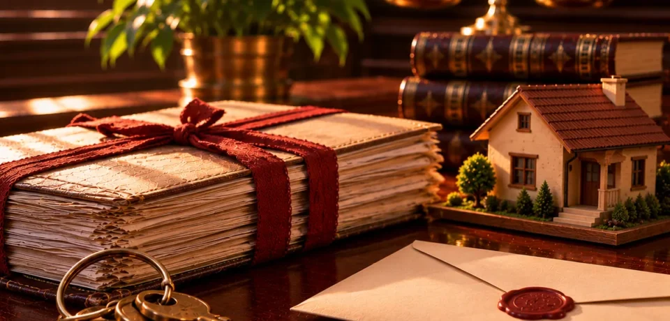 Tenant eviction in Kerala A lease deed tied with ribbon, a brass ring of old keys, a small wooden house model and a sealed notice envelope