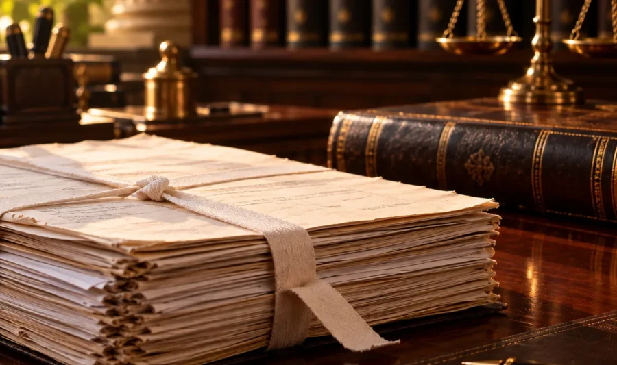 Writ petition in the High Court of Kerala A thick petition bound in white tape in front of a law volume and brass scales of justice
