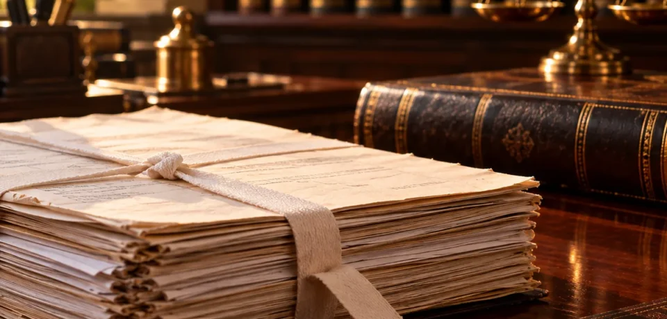 A thick petition bound in white tape in front of a law volume and brass scales of justice