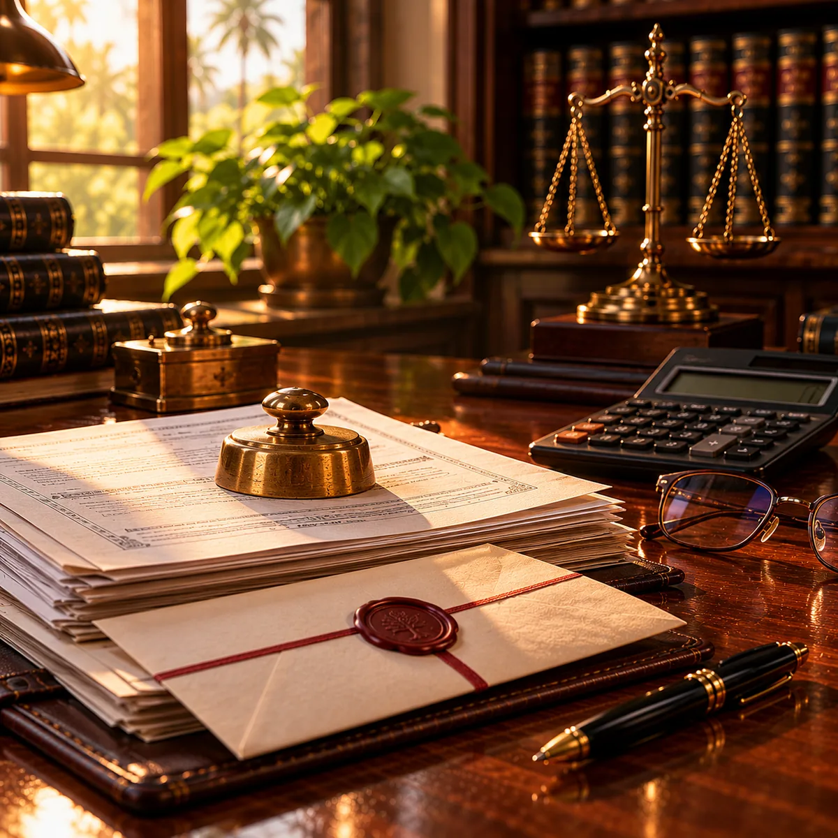 A loan agreement and a demand notice under a brass paperweight with a calculator and reading glasses