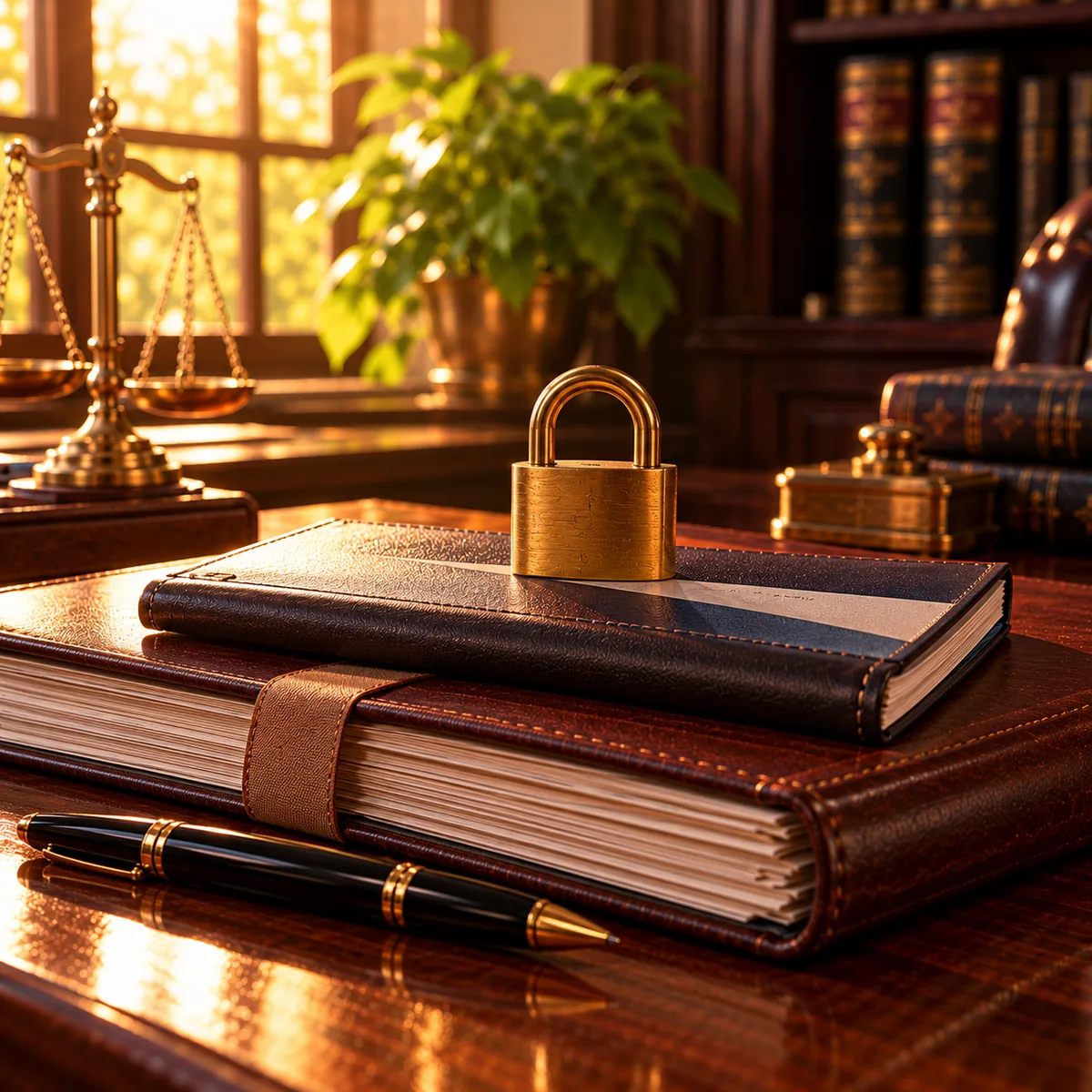 A cheque book on a loan file secured with a brass padlock beside a fountain pen