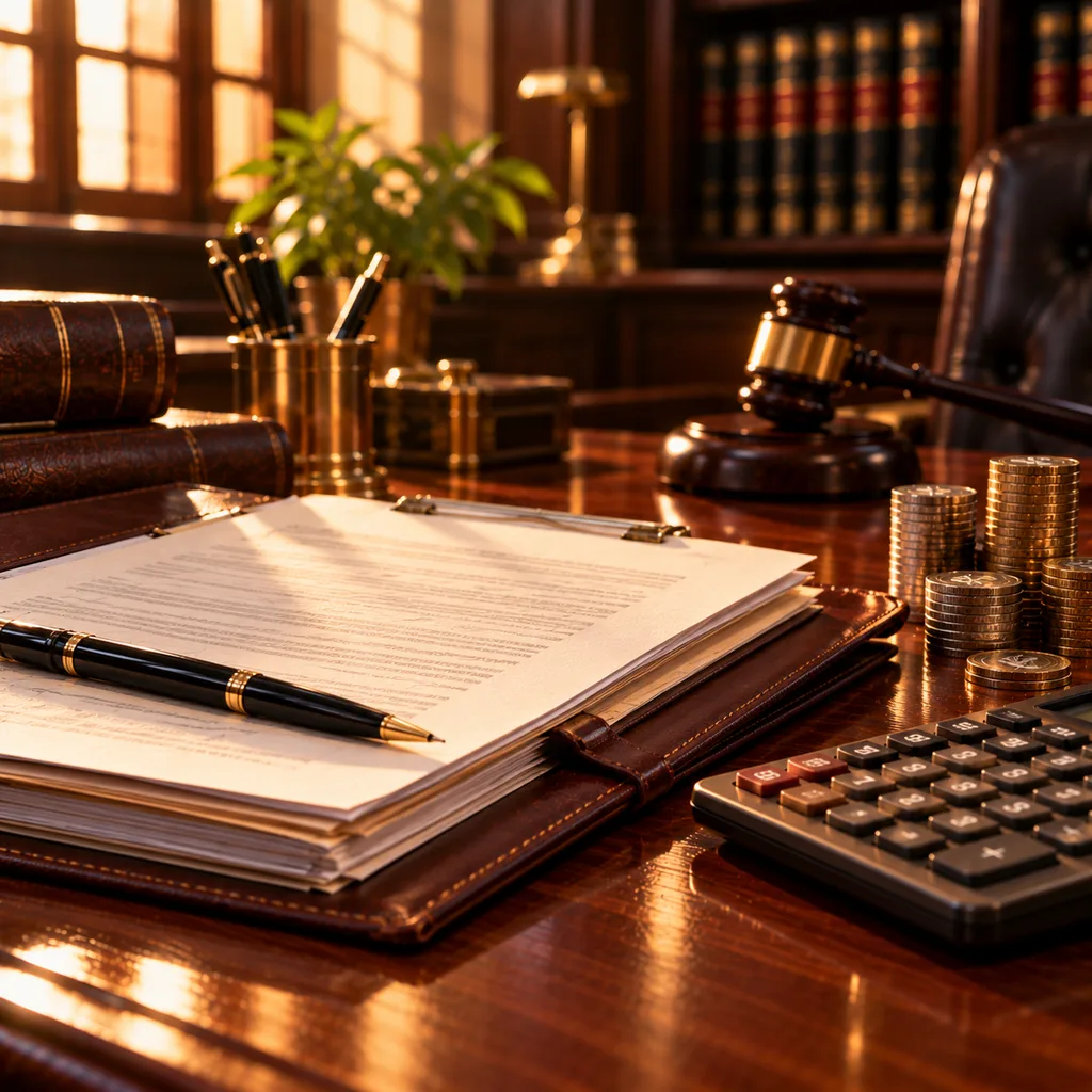 A commercial contract folder with a calculator, rupee coins and a gavel behind