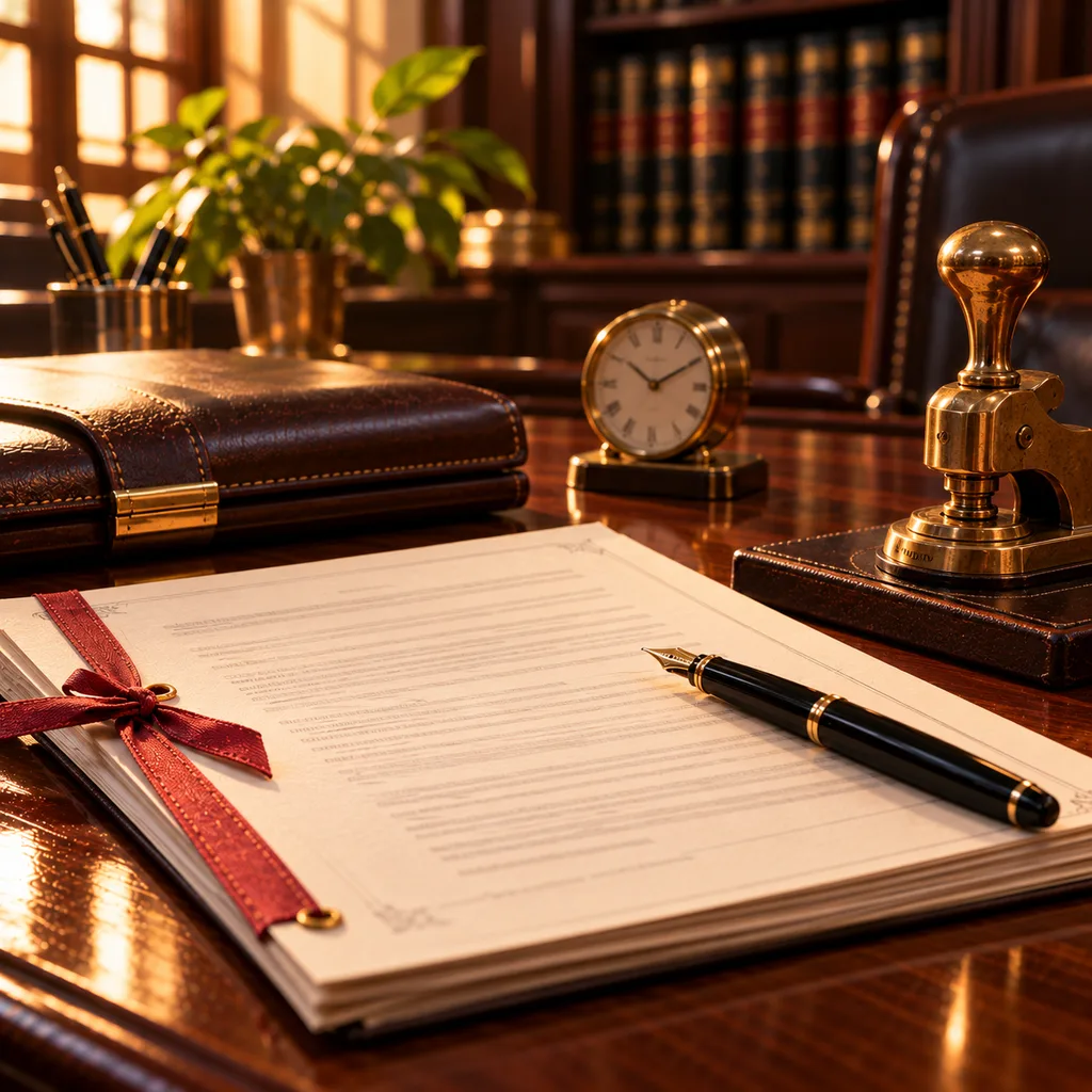 A partnership deed beside a brass seal embosser, a fountain pen, a leather portfolio and a desk clock