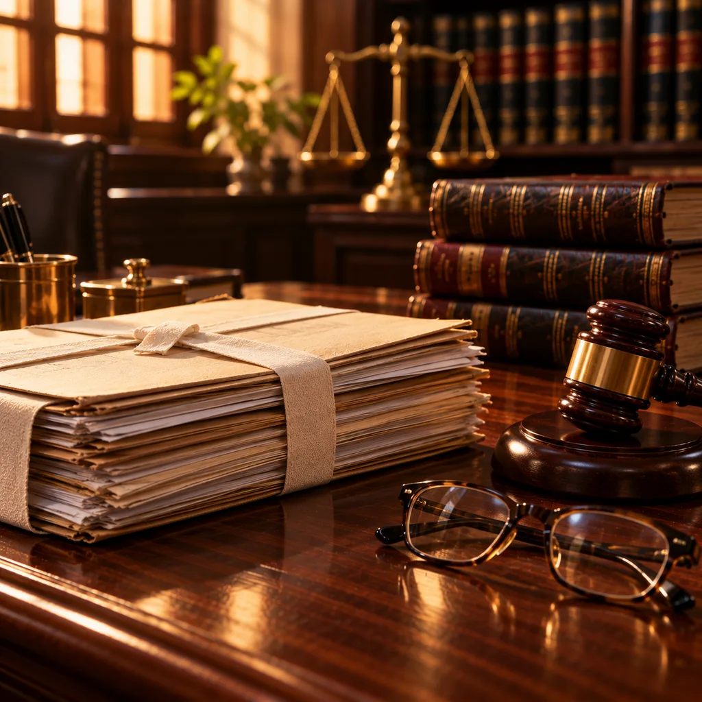 A civil suit file bound with white tape, leather law reports, a gavel and reading glasses