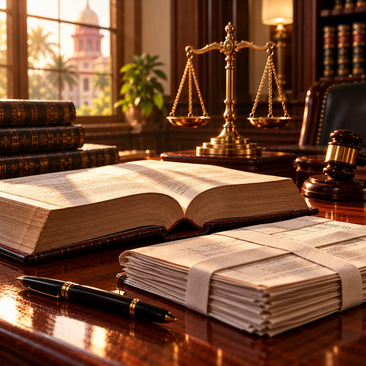 An open constitutional law volume with brass scales and a petition bound in white tape