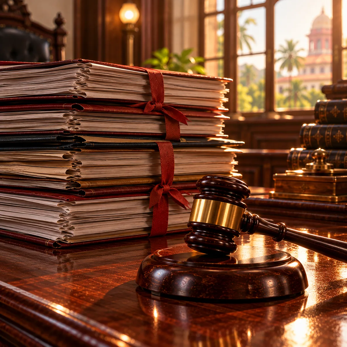 A tall stack of case files tied with red tape and a gavel