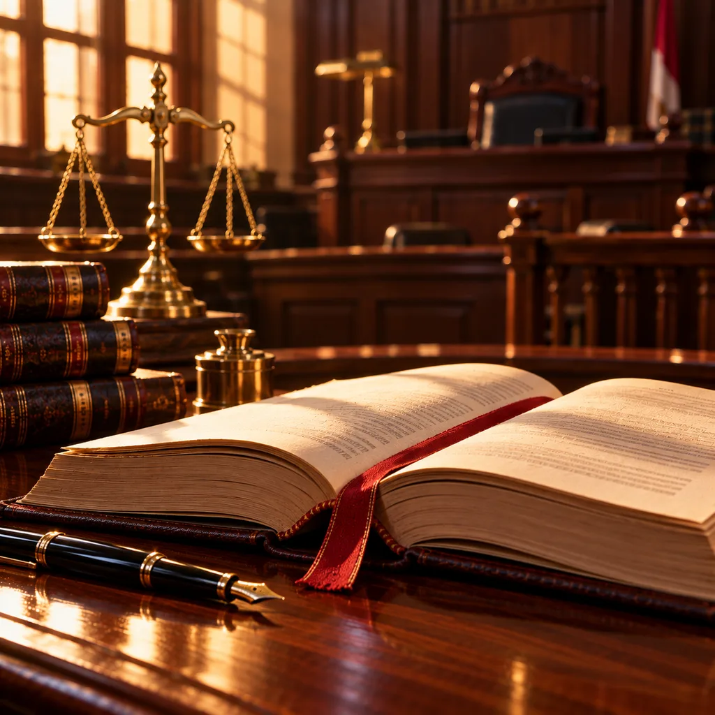 An open law volume with a red ribbon bookmark, brass scales and a fountain pen