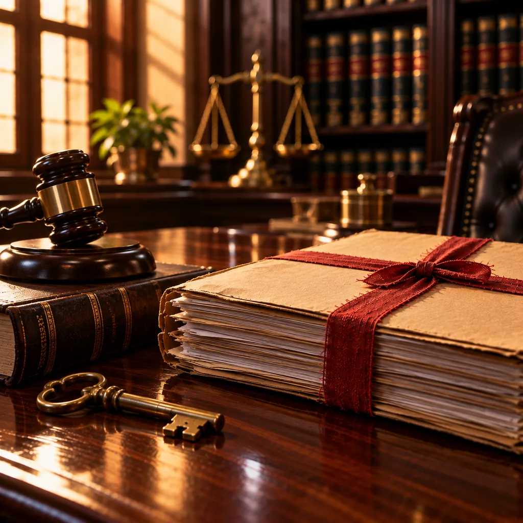 A criminal case file tied with red tape, a gavel, a statute volume and an old brass key