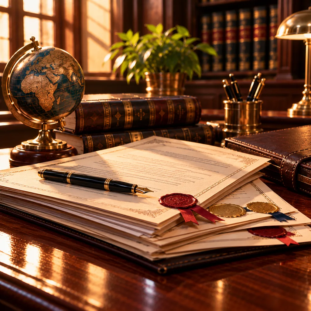 A small globe beside academic certificates with wax seals, a fountain pen and a law book