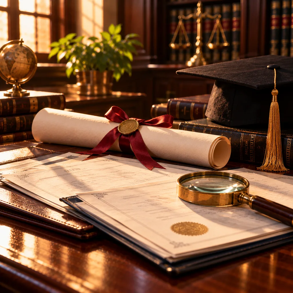 A rolled degree tied with ribbon, a graduation cap, transcripts and a brass magnifier
