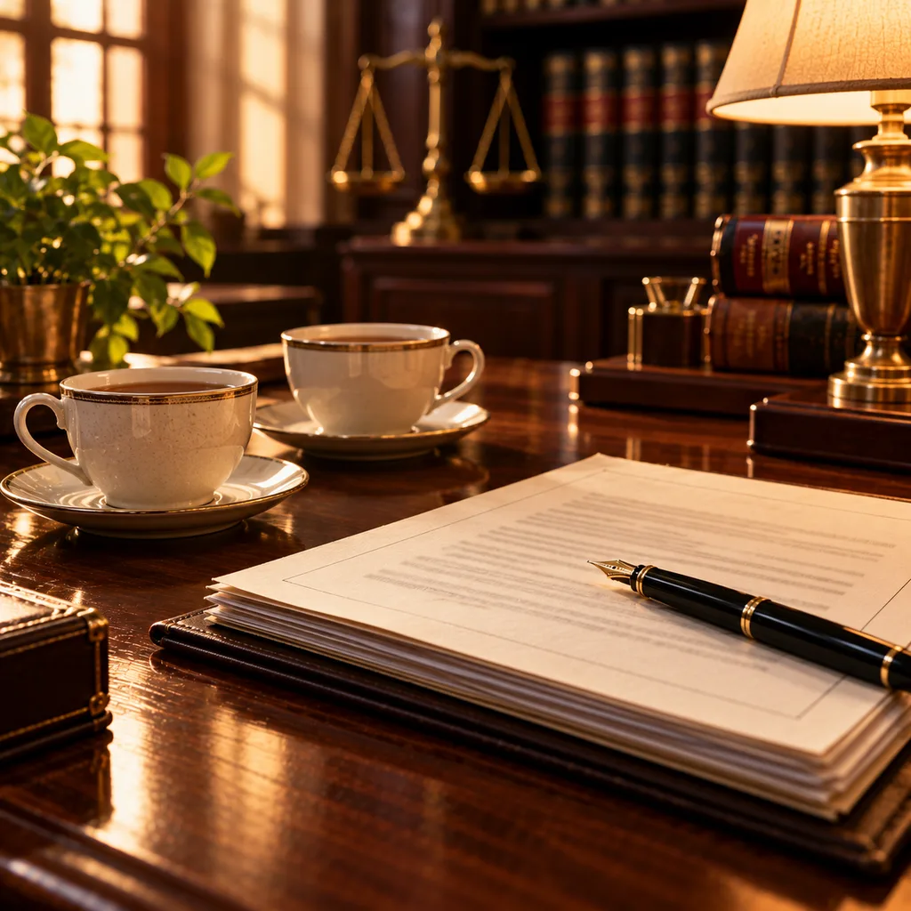 Two cups of tea beside a settlement agreement and a fountain pen under a warm desk lamp