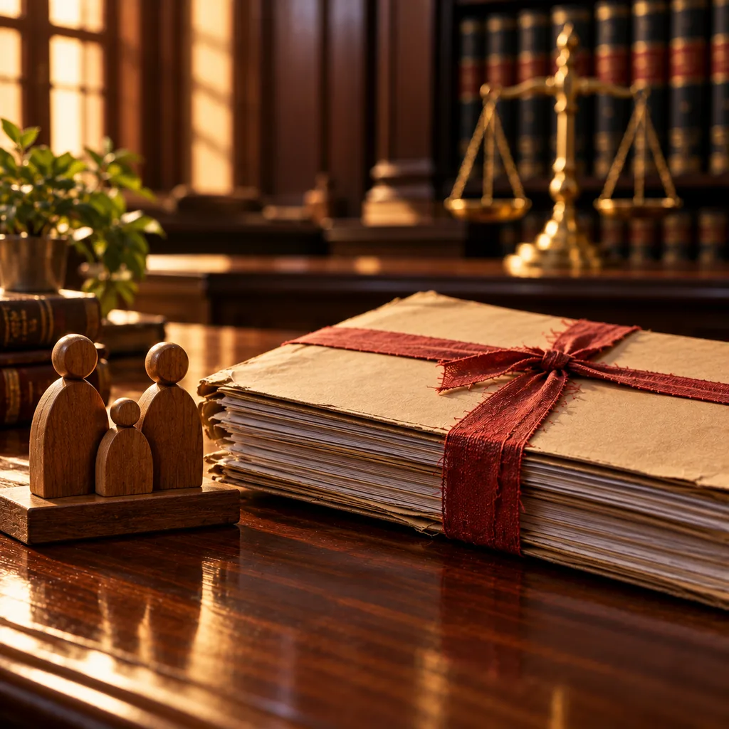 A family court file tied with red tape beside small wooden family figures and brass scales