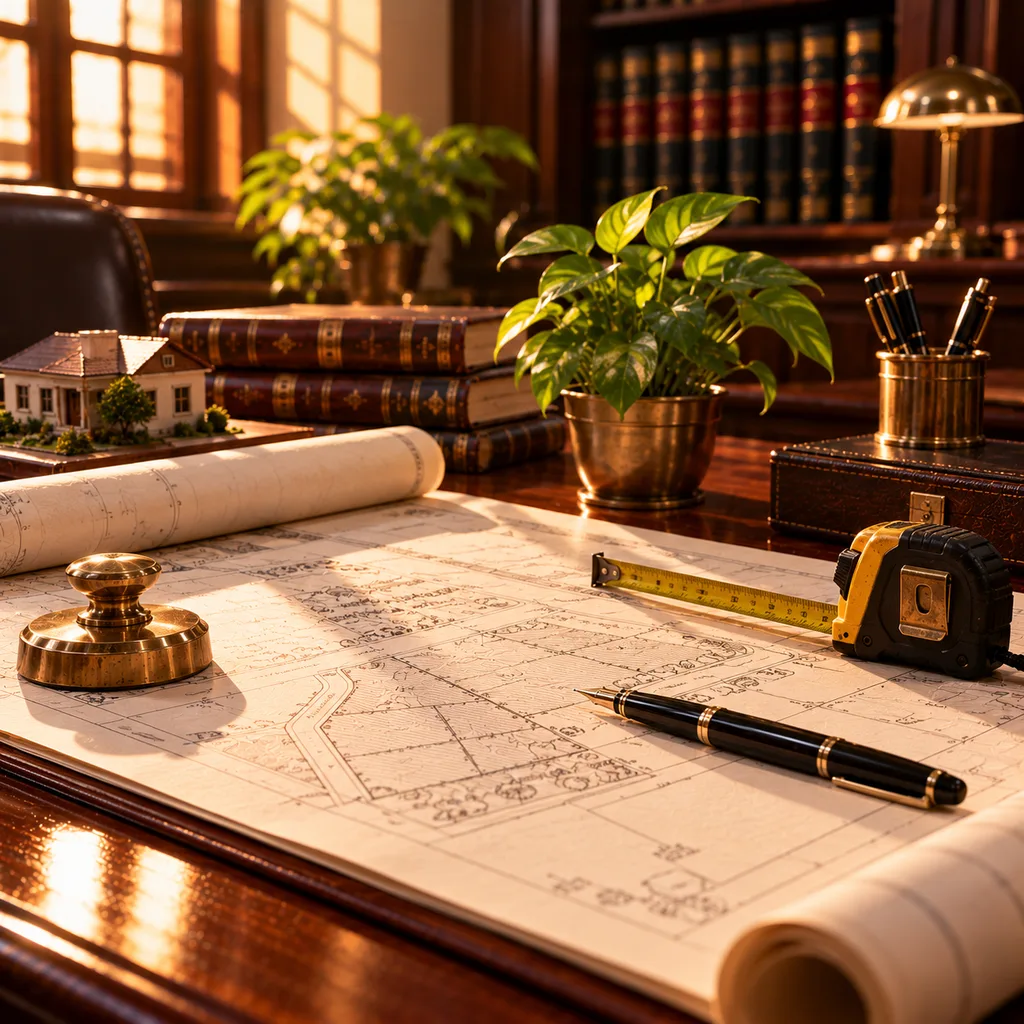 A site plan unrolled under a brass paperweight with a measuring tape, a fountain pen and a plant