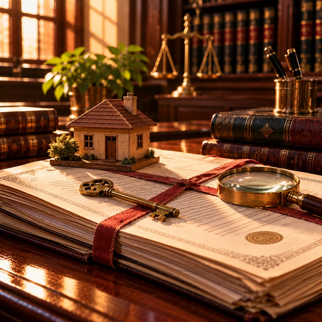 A small wooden house model on property deeds tied with red tape, a brass key and a magnifying glass