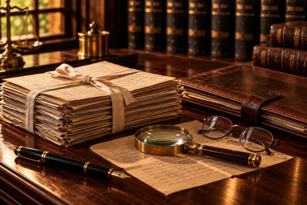 A stack of old family papers tied with a cotton ribbon beside a brass magnifying glass, reading glasses and a leather document folder