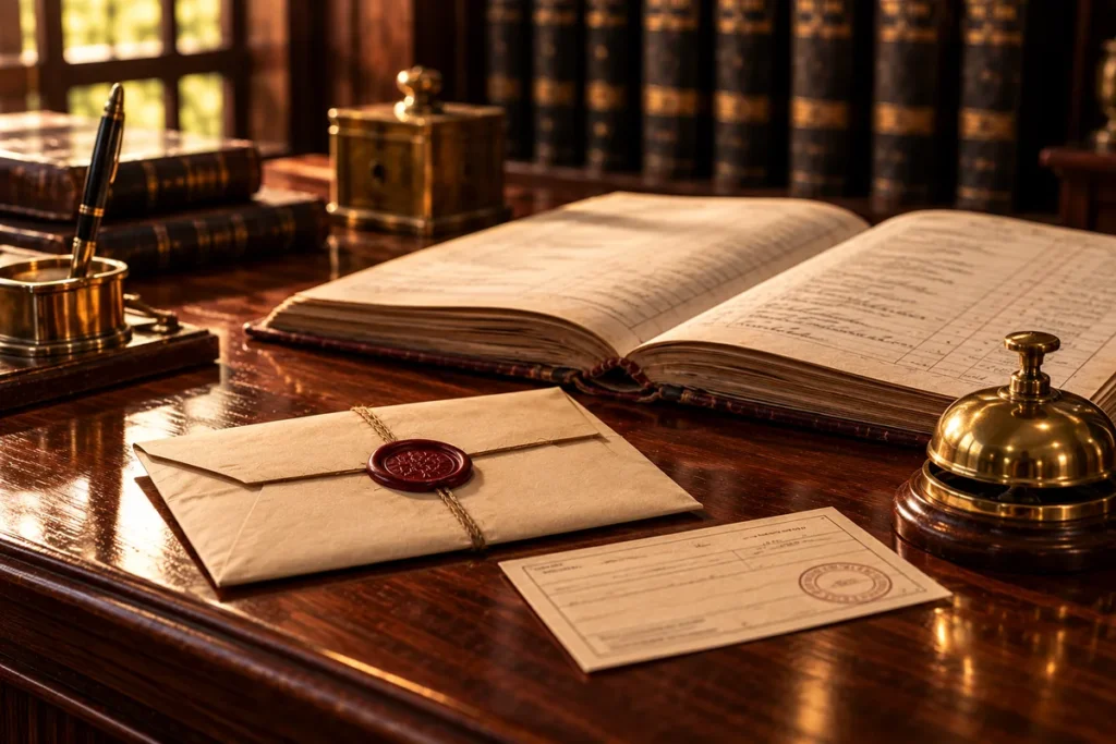 A sealed envelope with a red wax seal and a stamped acknowledgement card beside an open ledger and a brass desk bell