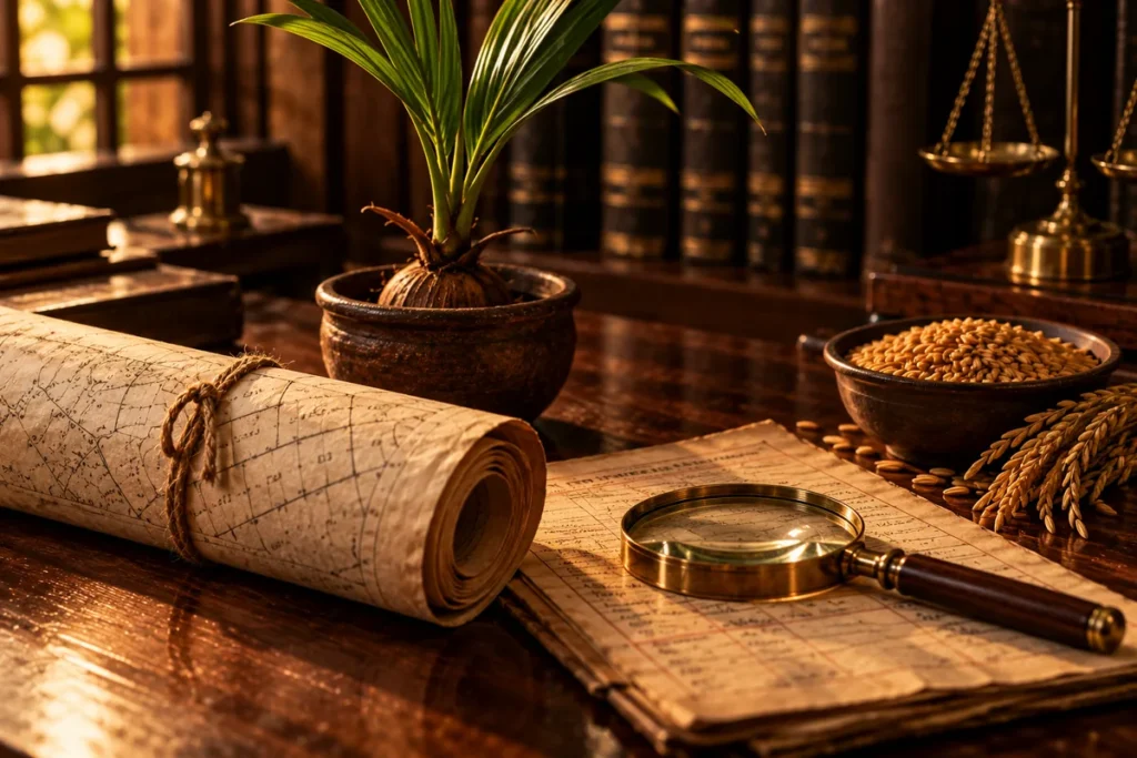 A rolled village survey map tied with twine beside a coconut sapling, a brass magnifying glass on a land tax receipt and a bowl of paddy grains
