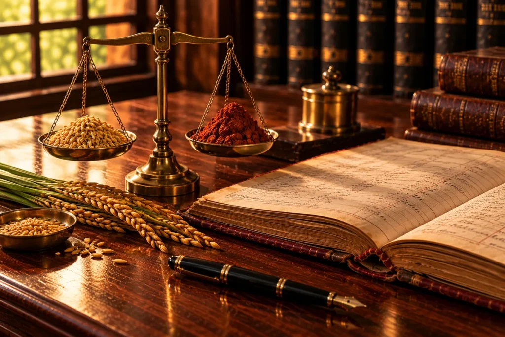 A brass weighing scale balancing paddy grains against red earth beside an old land register and a fountain pen