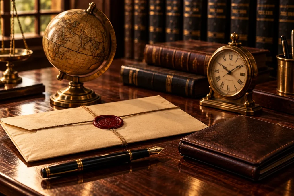 A sealed legal envelope with a red wax seal beside a small brass globe, a leather travel wallet and an antique desk clock