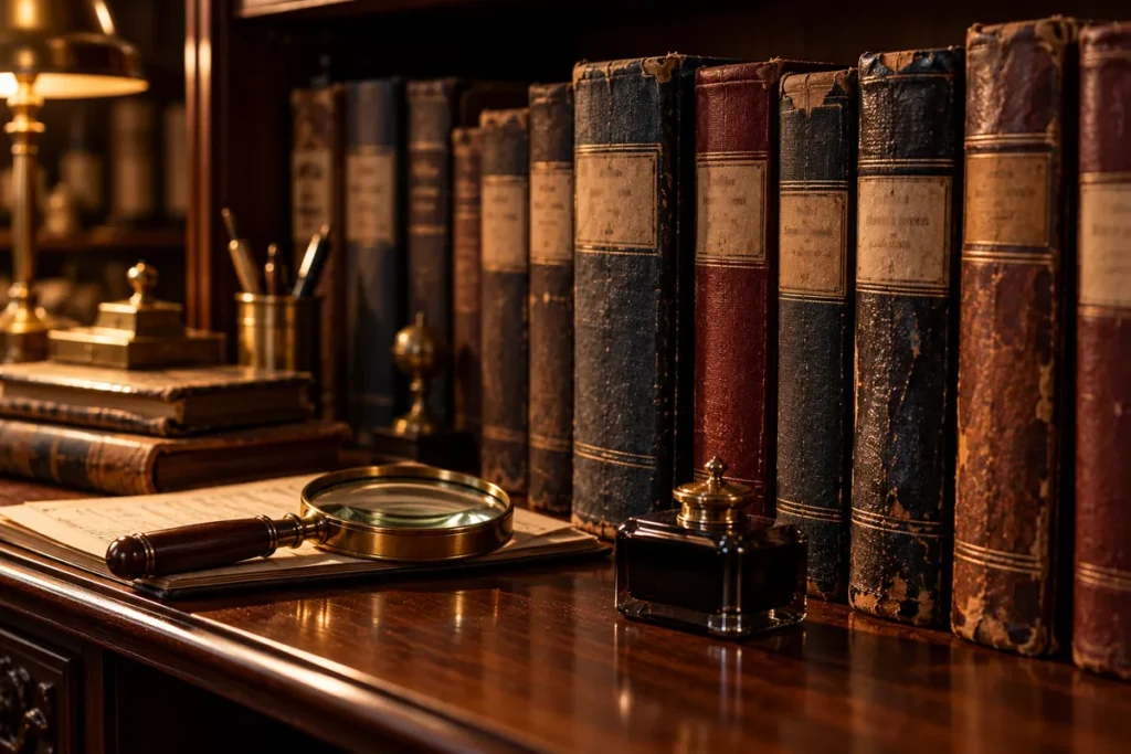 A row of old bound registers on a shelf beside a magnifying glass, an inkwell and an open record book