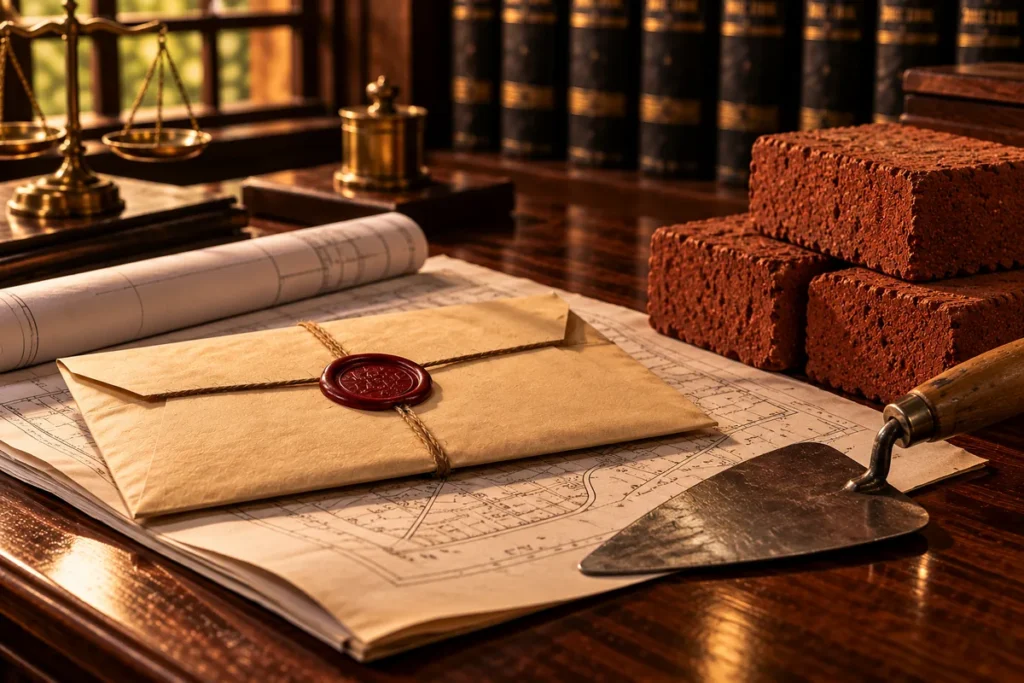 A sealed envelope with a red wax seal on a folded site plan, beside a mason's trowel and a stack of laterite bricks