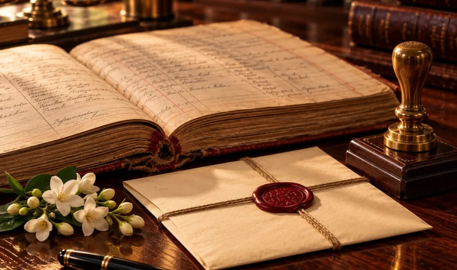 An old civil register lying open beside a sealed certificate envelope, a brass desk stamp, a fountain pen and a sprig of jasmine