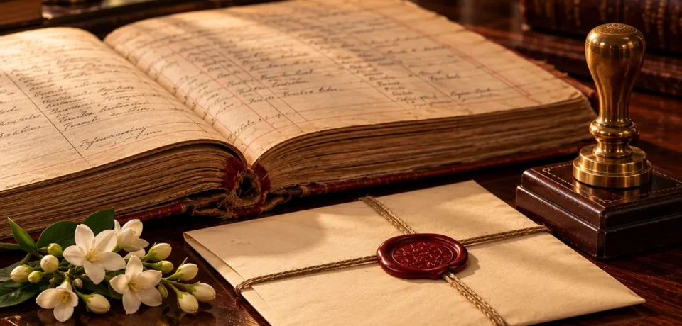 An old civil register lying open beside a sealed certificate envelope, a brass desk stamp, a fountain pen and a sprig of jasmine