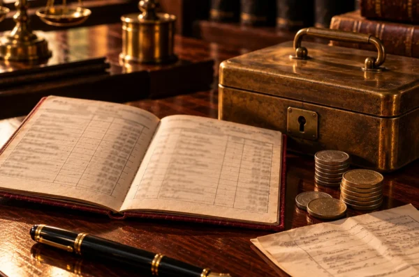Co-operative bank deposit not returned in Kerala An open cloth-bound pass book beside a closed brass cash box, stacks of old coins, a fountain pen and a folded deposit receipt on a wooden desk