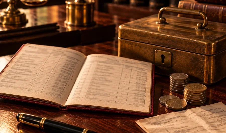 An open cloth-bound pass book beside a closed brass cash box, stacks of old coins, a fountain pen and a folded deposit receipt on a wooden desk