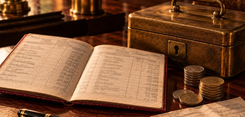 An open cloth-bound pass book beside a closed brass cash box, stacks of old coins, a fountain pen and a folded deposit receipt on a wooden desk