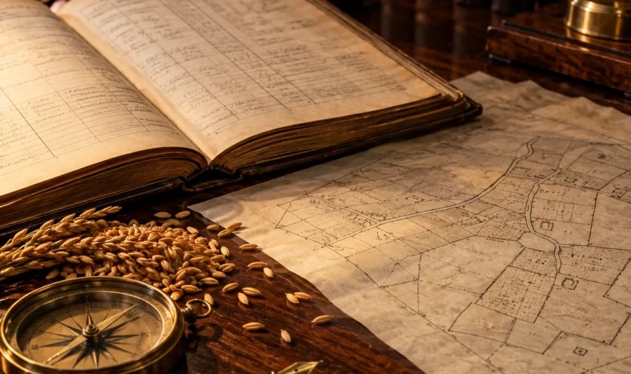 Land conversion in Kerala An old revenue land register open beside a survey sketch, a small heap of paddy grains, a brass compass and a fountain pen on a wooden desk