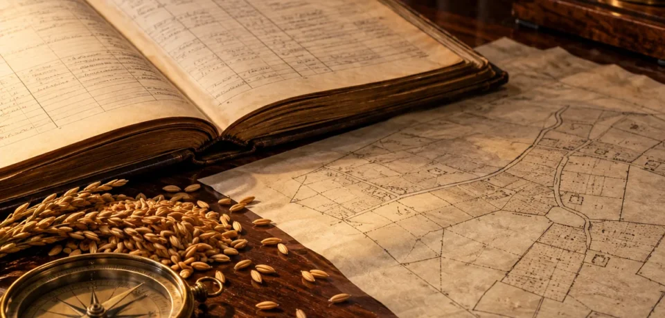 An old revenue land register open beside a survey sketch, a small heap of paddy grains, a brass compass and a fountain pen on a wooden desk
